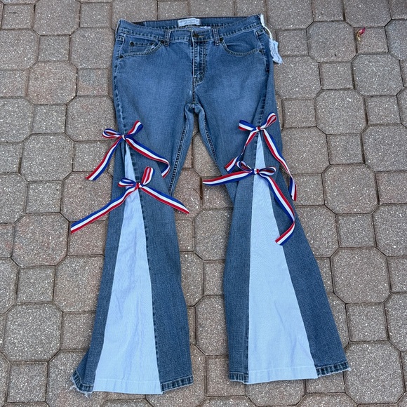 Upcycled Hand Created Denim Jeans sz L Blue White Striped Cotton Flare Unisex - Picture 2 of 10